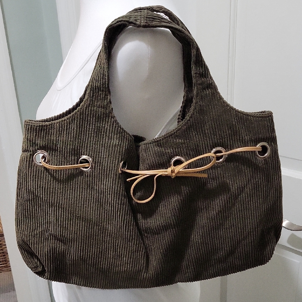 Small Hobo Bag, Olive Green Corduroy Tote, With Leather Ribbon, Magnetic Close